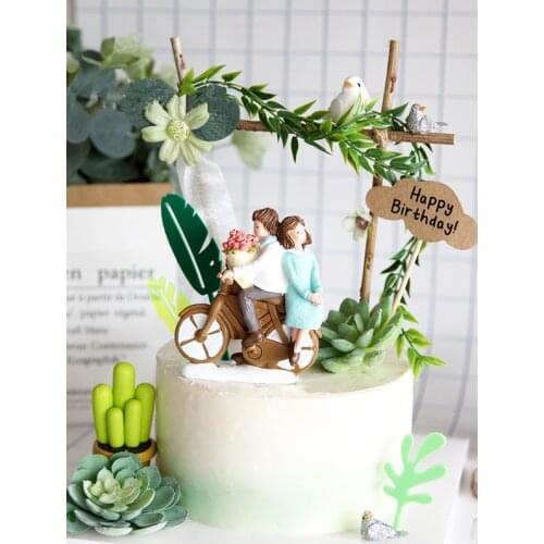 New design bicycle couple cake topper wedding figurines flower style cake toppres wedding deocartion engagement anniversary gift