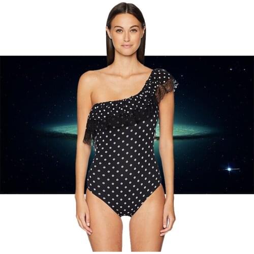 New Style One Shoulder off-shoulder One Piece Bikini Swimwear White Dot black Biquini Lace Flouncing Women Hot Sexy Bath suit