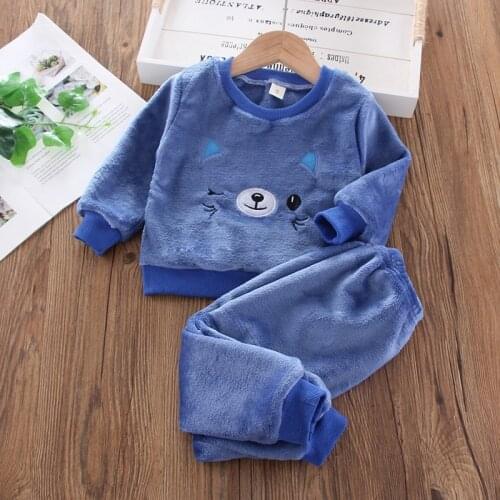 Baby girl clothes baby boy winter flannel fleece warm pajamas suit casual home clothes baby two-piece cartoon cat pajamas