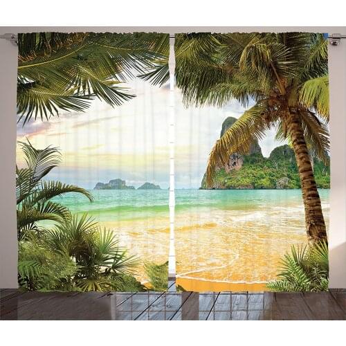 Ocean Curtains Palm Coconut Trees and Ocean Waves Across Mountains On Paradise Island Beach Image Living Room Bedroom Decor