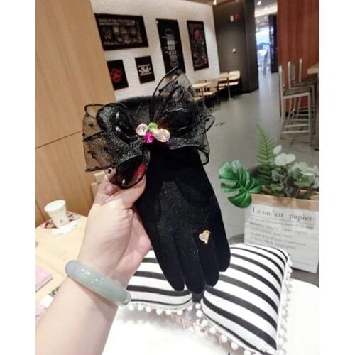 Bowknot Jewel Dot Yarn Cashmere Gloves Korean Fashion Ladies Winter Warmth Thickening Cycling Finger Touch Screen Gloves