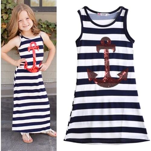 Pudcoco Girl Dress Summer Kids Baby Girls Toddler Sleeveless Anchor Striped Long Maxi Dress 2-7Y SU