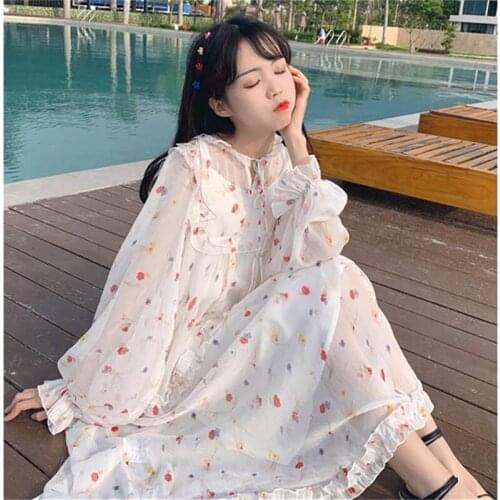 Spring Summer Korean Sling Shirt Dress Long Sleeve Chiffon Dress Female Print Long Dress Set Ruffle Pretty Girls Vestidos f1275