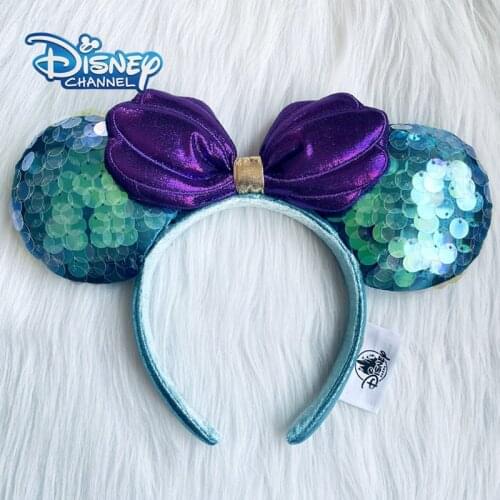 Disney Mickey Ears Headbands Mermaid Ariel Princess Sequin Bows Headwear Fashion Headdress Cosplay Plush Kids Headband Gift