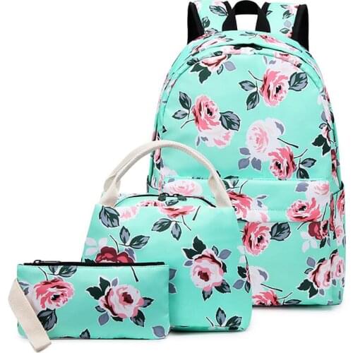 3pcs/set Women Double Shoulder Backpack + Luch Bag + Mini Purse Printed Rose Flowers Girls Travel Bags Children Oxford Backpacks