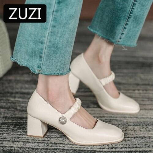 ZUZI Square Toe Mary Jane PUMPS Female Retro 2021 New Lady Shoes High-heeled Single Shoes Wearing Skirt Matching Sandals Summer