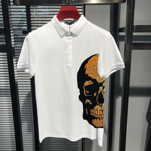 High Stretch Cotton Comfort Fast Shipping Short Sleeve Gradient Reflective Mens Lapel Polo Shining Skull Diamond Shirt