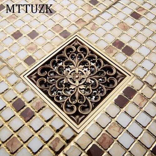 Vidric 10*10cm 4 Inch Antique Brass Art Carved Flower Floor Drain Bathroom Shower anti-odor Square Drain Strainer