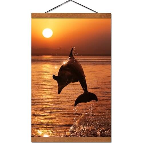 Sunset Jumping Dolphin Art Posters Wall Art Canvas Prints Teak Wood Magnetic Scrolls Paintings For Living Room Decor