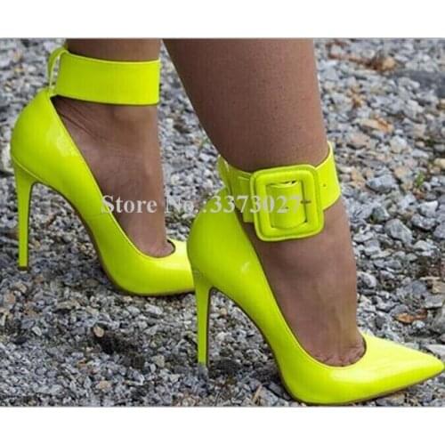 Ladies Charming Yellow Patent Leather Pointed Toe Ankle Wrap Pumps Fashion Buckle Design High Heels Office Formal Dress Shoes