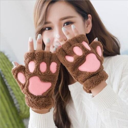 Women Winter Warm Half Finger Gloves Cute Cartoon Cat Paw Embroidery Anime Kitten Thicken Fuzzy Plush Fingerless Mittens