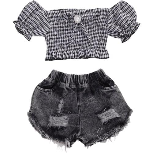 2-9T Kids Girls Top Denim Shorts Off-Shoulder Crops Tops Ruffle Sleeve Bow Blouse Ripped Pants with Pockets