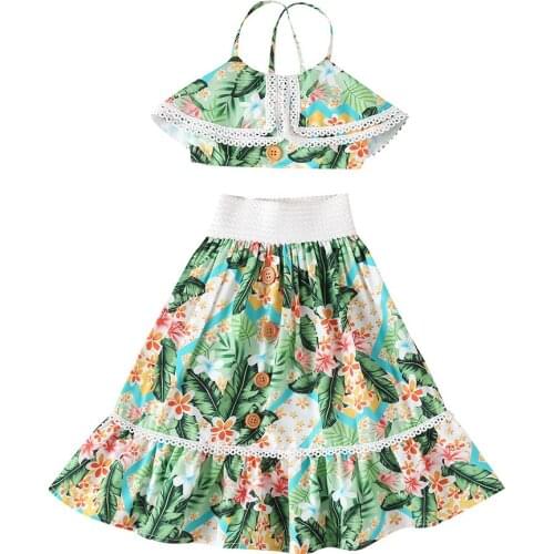 1-6Y Toddler Baby Girls Clothes Sets Flowers Print Ruffles Sleeveless Lace Vest Tops+Boho Skirts