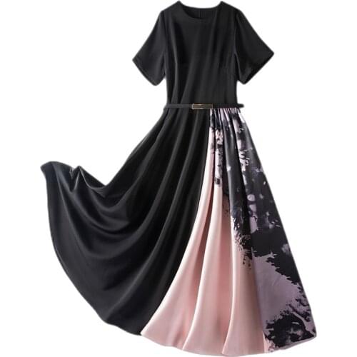 2021 Spring Summer New Casual Plus Size Short Sleeve Black Patchwork A Line Dress Woman