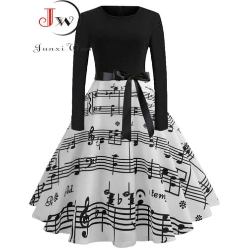 Music Note Print Elegant Party Dress Women 50s 60s Retro Vintage Robe Rockabilly Plus Size Casual Winter Midi