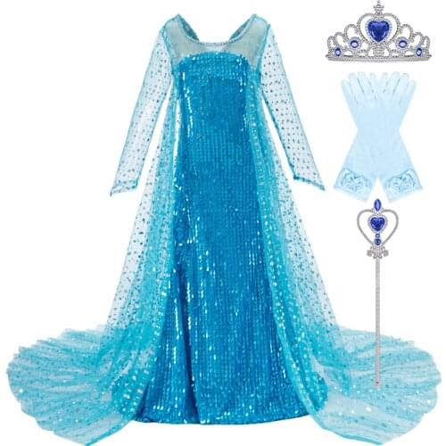 Little Girl Princess Dress Elsa Cosplay Costume Blue Elsa Wig Crown Magic Wand Children Christmas Halloween Costume 3-10 Years
