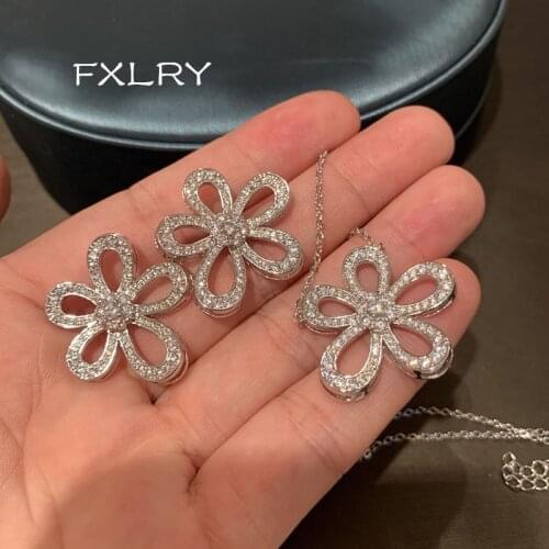 FXLRY Fashion White Color CZ Hollow Flower Pendant Rings Necklaces And Stud Earring Jewelry Set Jewelry