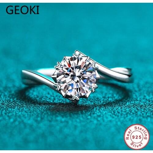 Geoki Passed Diamond Test 1 CT Perfect Cut Good Clarity Round Moissanite Ring 925 Sterling Silver Rings Classic Wedding Jewelry