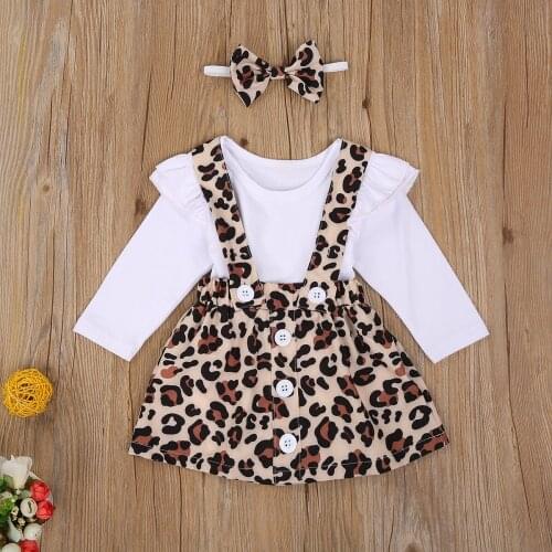 3 PCS Little Girl’s Dress Set Lace Long Sleeve Solid Color Top, Leopard Print Button Short Skirt and Bow Hairband
