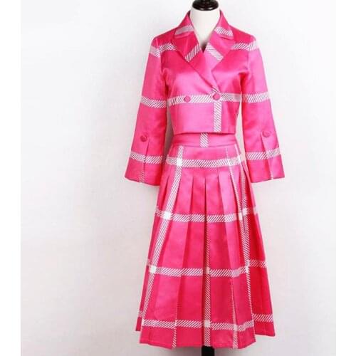 Plus size 3XL!2020 spring autumn new fashion striped printing coat+high waist pleated skirt two piece sets