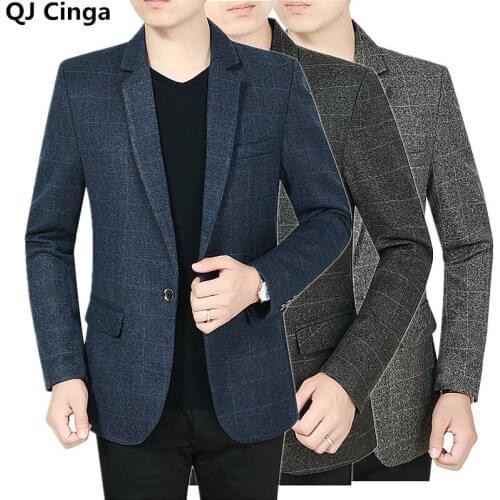 Tuxedo Men Autumn/Winter Suit Blazer Coat Fashion Slim Plaid Jacket Blue Gray Male Top S M L XL XXL XXXL Jaqueta Blaze