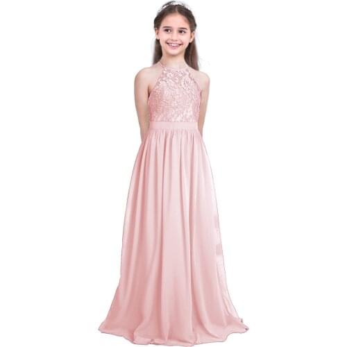 Girls Lace Chiffon Halter Flower Girl Dresses Princess Pageant Wedding Birthday Party Dress Kids First Communion Maxi Long Dress