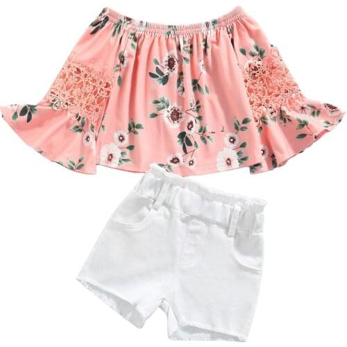 Citgeett Summer Kids Girls T-shirt and Shorts Set Fashion Flower Trumpet Sleeve Tops Solid Color Short Pants Clothes