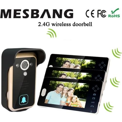 Hot black color 2.4G wireless wireless video door phone no need cable to install one camera three 7 inch monitor free shipping