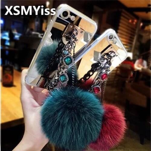 XSMYiss Case For iphone X XS MAX XR 5S 6S 7 8 PLUS Rhinestone Diamond chain bracelet fox Fur Ball Soft Mirror Phone Case