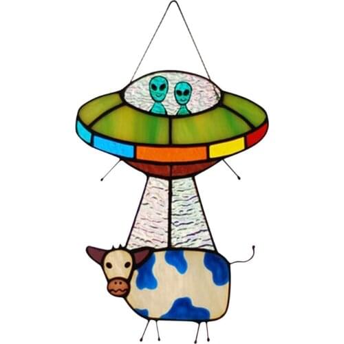 Painted UFO Pendant Cow Stained Glass Suncatcher Window Panel Door Hanging Garden Home Decoration
