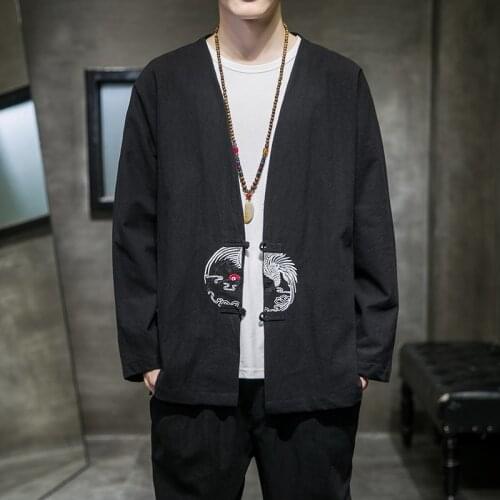 2021 Autumn and Winter Chinese Mens Clothing Embroidered Hanfu Retro Casual Coat Jacket Plus Size Japanese Kimono