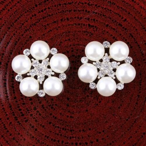 50PCS/LOT) 25MM 2Colors Newborn Handmade Alloy Rhinestone Flatback Buttons Bling Metal Crystal Flower Pearl Button For Wedding