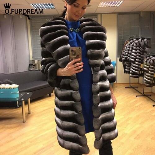 Q.FURDREAM Woman Winter Warm Chinchilla Color Real Rex Rabbit Fur Coat Fashion Big Lapel Long Jacket Full Sleeves Clothing