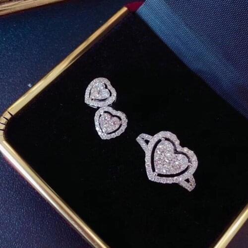 Luxury Shining Double Heart Zircon Ring Studs Earrings Love Promise Ring Studs Earrings Bride Engagement Wedding Jewelry Sets