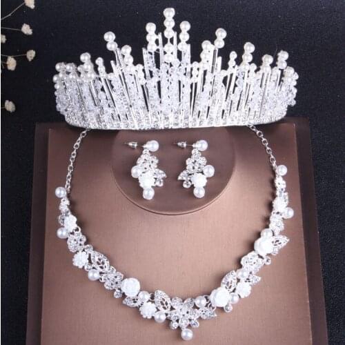 Luxury Crystal Pearl Bridal Jewelry Sets Rhinestone Choker Necklaces Earrings Tiara Nigerian African Beads Wedding Jewelry Set