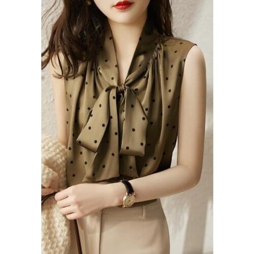 Polka Dot Satin Women Bloue Summer New 2021 Bow Neck Sleeveless Slim Elegant Office Lady Pulls Outwear Tops Tees