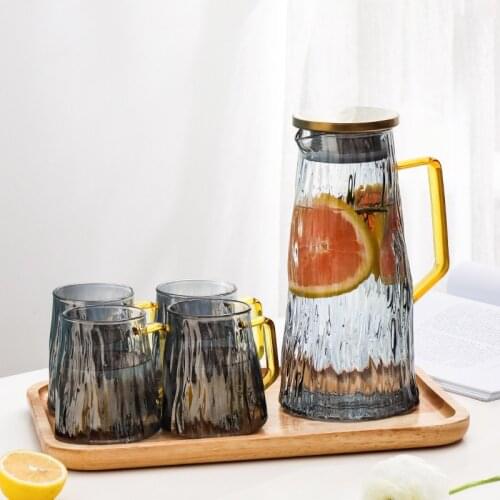 Japanese Style Glacier Texture Glass Heat-Resistant Cold Water Bottle Filter Flower Teapot with Lid Handle Kettle Set Home