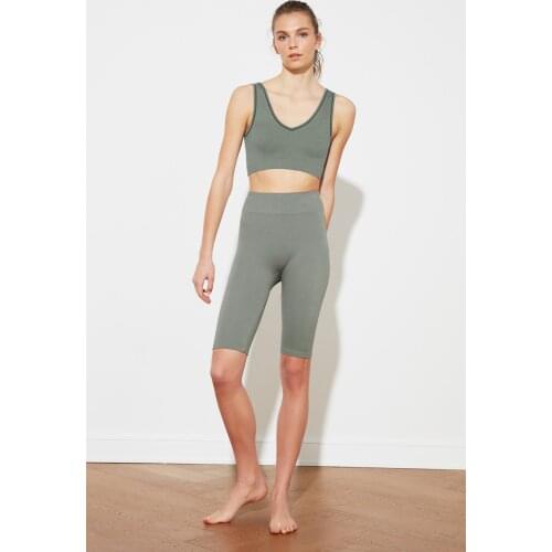 Turkish Textile Khaki Seamless Ribbed Biker Sports Leggings Turkey Production