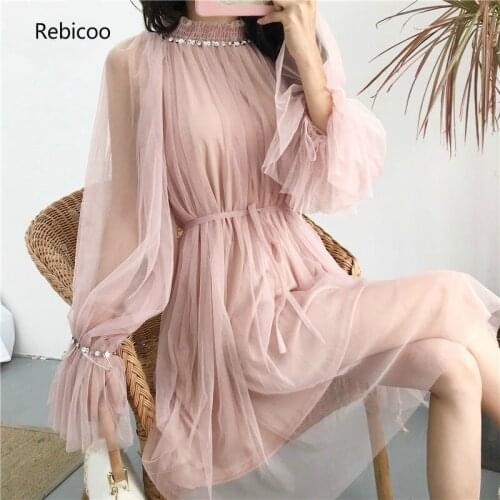 Spring Korean Style Elegant Mesh Beading Girl Dresses Basis Bodycon Sweet Knee-Length Solid Dresses Flare Sleeve