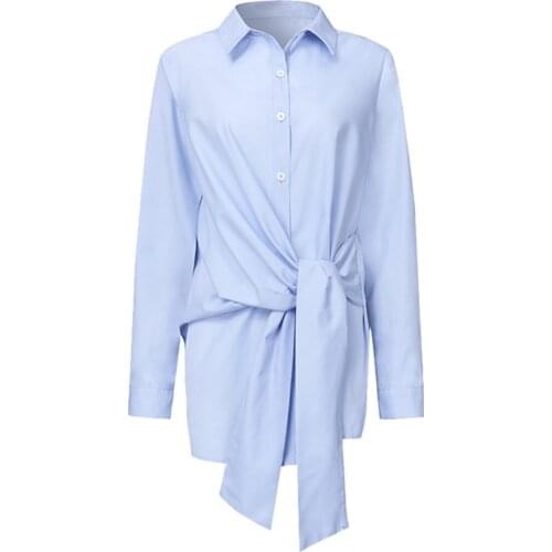 2021 Ladies Temperament Solid Color Blouse Summer Autumn Girls Personalized Knotted Shirt Female Lapel Long Sleeve Top Clothing