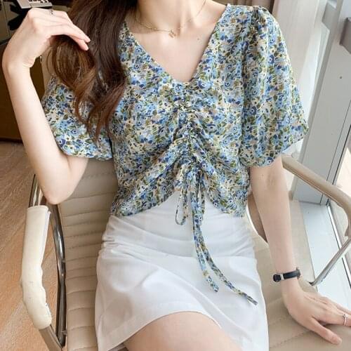 2021 Summer Bubble Sleeve Drawstring Floral Short Chiffon Blusas Shirts for Women Tops Blusas Mujer De Moda 2021 Elegantes 0907