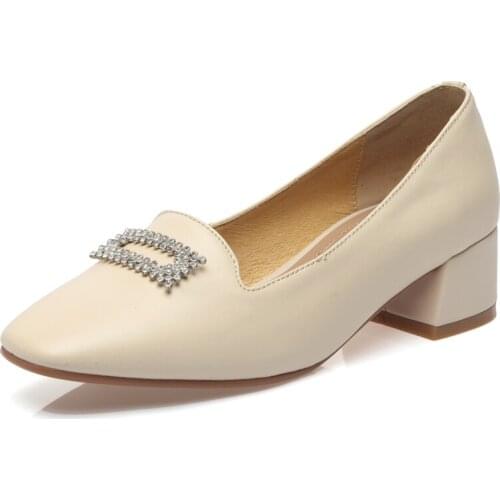 New Spring Women Pumps Office Ladies Genuine Leather Fashion Apricot Gray Black Woman Square Toe Rhinestone Mid Thick Heels M037