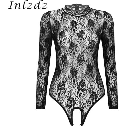 Womens Lingerie Crotchless Bodysuit Floral Pattern Stand Collar See-Through Sexy Nightwear Lace Back Zipper Leotard Costume