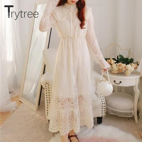 Trytree 2020 Spring Women Dress Casual Stand Collar Peter pan Collar Single Breasted Lace Embroidery Print A-line Mid-Calf Dress