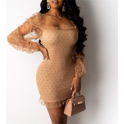 Fashion Women Sexy Mesh Puff Long Sleeve Bodycon Mini Dress Elegant Ruffles Bandage Party Club Ladies Dresses Streetwear
