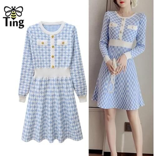 Tingfly Winter Autumn Fashion Plaid Knit Mini Short Dress Lady Girl Slim Button Decor A Line Street Casual Dress Trendy Clothing