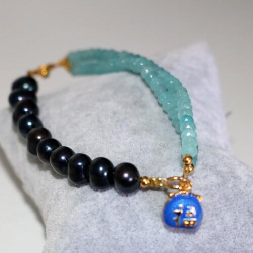 Charms 2*4mm abacus amazonite natural 8-9mm black pearl beads strand bracelet for women cloisonne fashion jewelry 7.5inch B2972