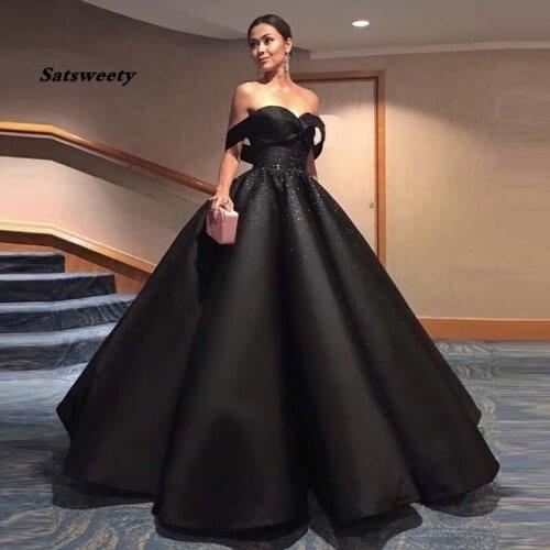 Haute Couture Black Chic Evening Dress Hippie Style Ball Gown Saudi Arabic Robe de soiree Off Shoulder Beaded Formal Prom Gown