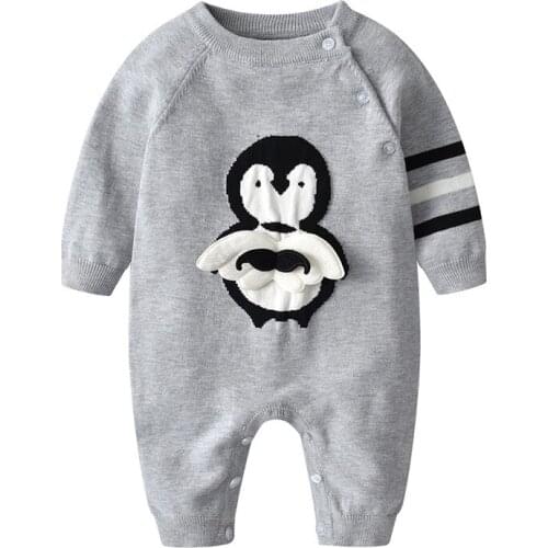 Baby Rompers Winter Grey Cotton Knitted Newborn Bebes Boys Jumpsuits Cute Penguin Toddler Infant Overalls 0-18m Children Clothes