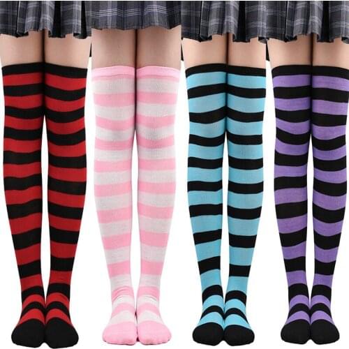 New Fashion Women Rainbow Black White Striped Long Socks Over Knee High Stockings Cotton Warm Elastic Sweet High Tube Thigh Sock